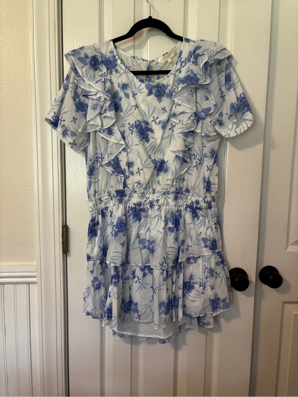 LoveShackFancy White and Blue Floral Ruffle Dress